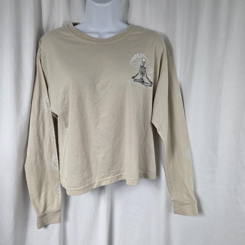 Weekend Warrior Shirt Womens Large Beige Skeleton Mushroom Long Sleeve Top